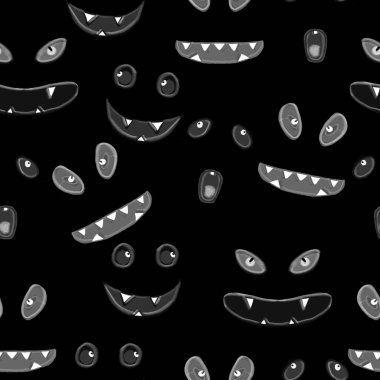 Şeytani yüzleri olan kusursuz bir desen. Tatil, parti ve davetiyeler için bir illüstrasyon. İç mekan için dekorasyon. Tişört baskısı. Kumaşın tasarımı için şenlikli bir kompozisyon