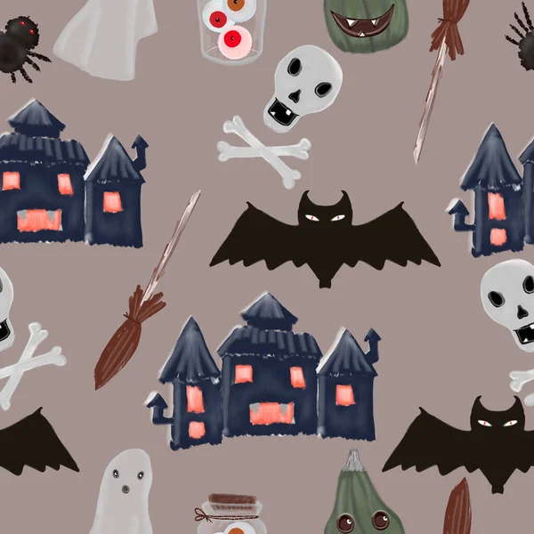 Seamless pattern with houses, bats, ghosts and skulls. An illustration for a holiday, a party and invitations. Decoration for the interior. Printing for a T-shirt. A festive composition for the design — Stock Photo, Image