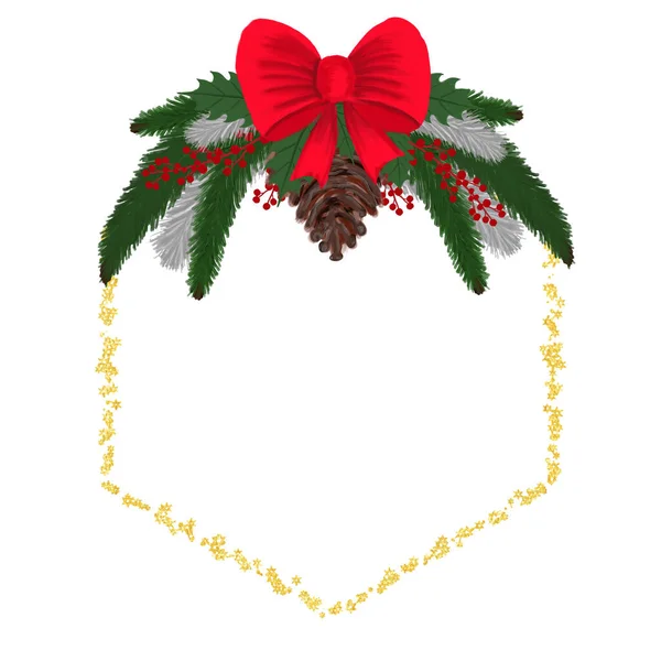 Kerst gouden frame. Feestelijke compositie. Elementen voor een wenskaart. Uitnodigingskaart. Ontwerp voor decoratie. Vakantie feestje. Gedrukte illustratie. — Stockfoto