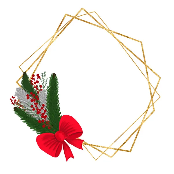 Kerst gouden frame. Feestelijke compositie. Elementen voor een wenskaart. Uitnodigingskaart. Ontwerp voor decoratie. Vakantie feestje. Gedrukte illustratie. — Stockfoto