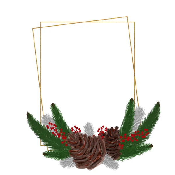 Noel altın çerçevesi. Kutlama Kompozisyonu. Tebrik kartı için elementler. Davetiye kartı. Dekorasyon için tasarım. Tatil partisi. Yazdırılmış resimleme.