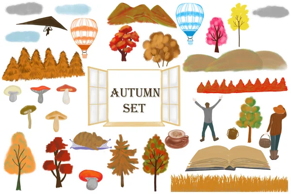 Set de otoño. Árboles, setas, gente de café, montañas, nubes, globos, libros, ventanas, ala delta. Diseño para unas vacaciones. Una ilustración para imprimir. Composición otoñal. — Foto de Stock