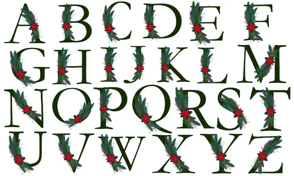 Beyaz arka planda izole edilmiş Noel alfabesi. Tatil ve kartpostal için tasarım. Baskı için bir illüstrasyon. Kış bileşimi.