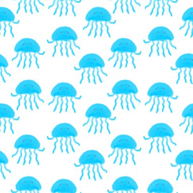 Denizanası ile kusursuz desen. Tatil için tasarım. Paket kağıdı için baskı. Baskı için bir illüstrasyon. Çocuk kompozisyonu. Kumaş ve kağıt dokusu.