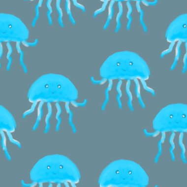 Denizanası ile kusursuz desen. Tatil için tasarım. Paket kağıdı için baskı. Baskı için bir illüstrasyon. Çocuk kompozisyonu. Kumaş ve kağıt dokusu.