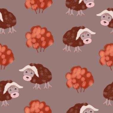 Tibet öküzü ile kusursuz desen. Tatil için tasarım. Paket kağıdı için baskı. Baskı için bir illüstrasyon. Çocuk kompozisyonu. Kumaş ve kağıt dokusu.