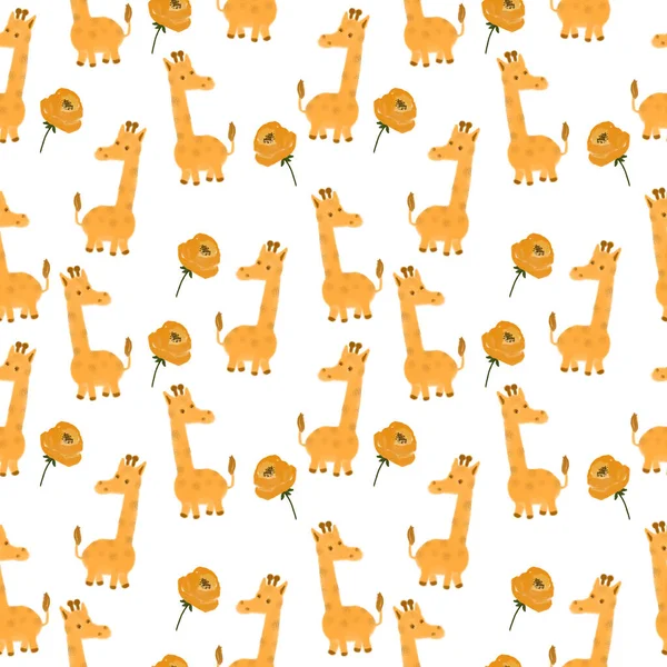 Płynny wzór z żyrafami. Projektowanie na wakacje. Drukowanie na papier do pakowania. Ilustracja do druku. Kompozycja dla dzieci. Tekstura tkaniny i papieru. — Zdjęcie stockowe