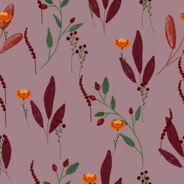 Çiçekler ve yapraklarla kusursuz desen. Kumaşın dizaynı için kompozisyon. Tatil, parti ve davetiyeler için bir illüstrasyon. İç mekan için dekorasyon. Sonbahar çizimi.