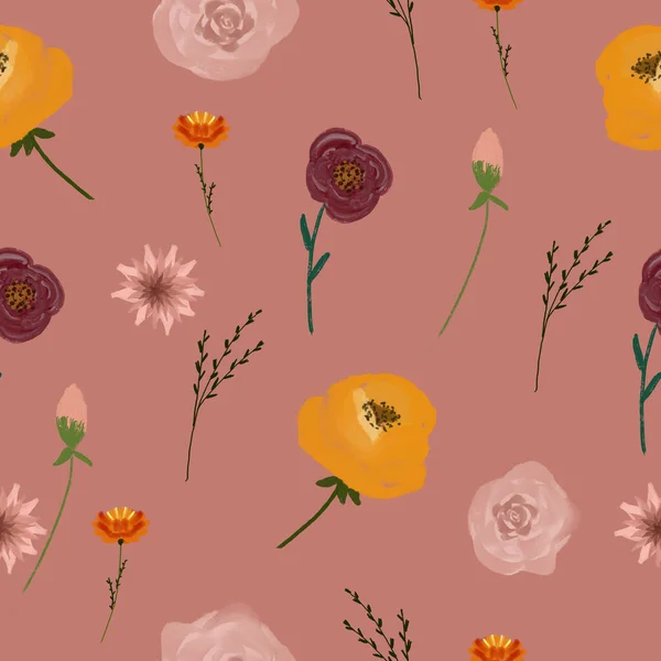 Modello senza cuciture con fiori e foglie. La composizione per il design del tessuto. Un'illustrazione per una vacanza, una festa e inviti. Decorazione per l'interno. Disegno d'autunno. — Foto Stock