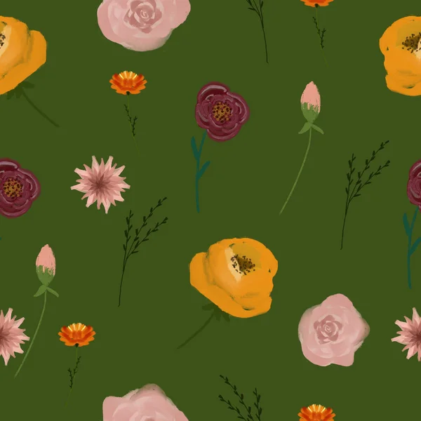 Απρόσκοπτη μοτίβο με λουλούδια και φύλλα. Η σύνθεση για το σχεδιασμό του υφάσματος. Εικονογράφηση για διακοπές, πάρτι και προσκλήσεις. Διακόσμηση για το εσωτερικό. Σχέδιο φθινοπώρου. — Φωτογραφία Αρχείου