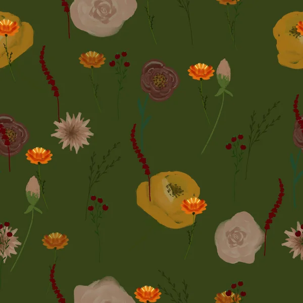 Naadloos patroon met bloemen en bladeren. De samenstelling voor het ontwerp van de stof. Een illustratie voor een vakantie, een feestje en uitnodigingen. Decoratie voor het interieur. Herfsttekening. — Stockfoto