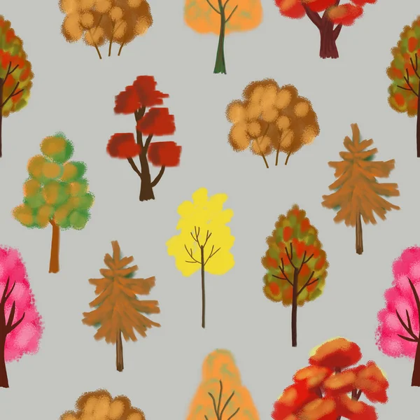 Seamless pattern with trees. The composition for the design of the fabric. An illustration for a holiday, a party and invitations. Decoration for the interior. Autumn drawing.