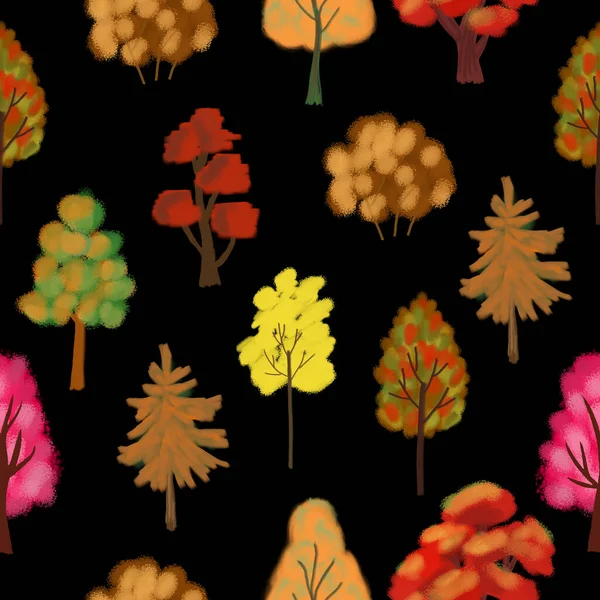 Seamless pattern with trees. The composition for the design of the fabric. An illustration for a holiday, a party and invitations. Decoration for the interior. Autumn drawing.