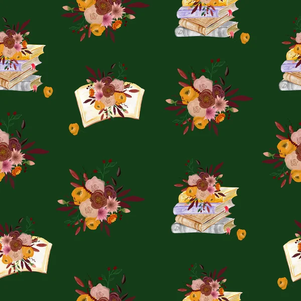 Seamless pattern with books and flower arrangements. The composition for the design of the fabric. An illustration for a holiday, a party and invitations. Decoration for the interior. Autumn drawing.