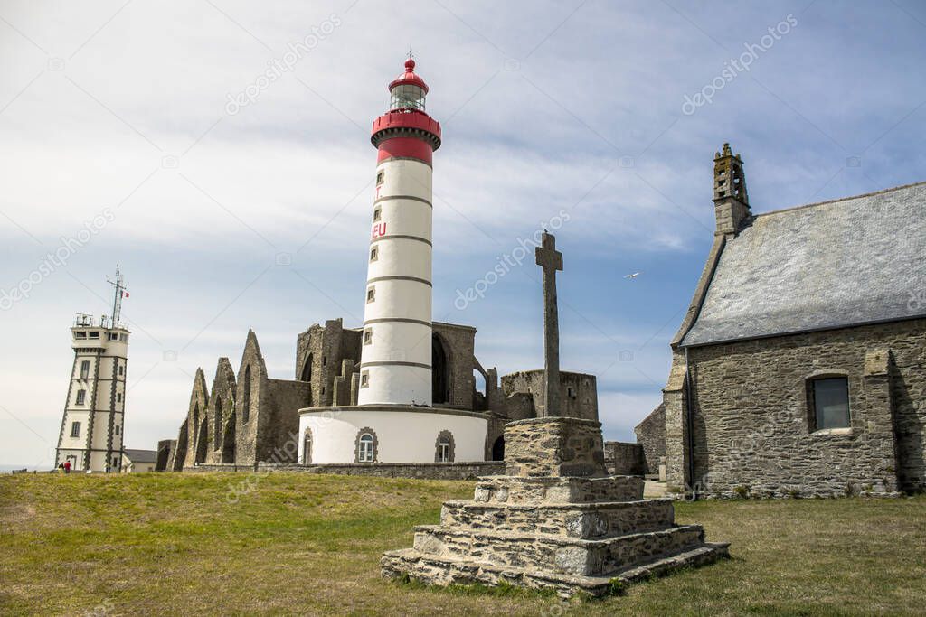 The Notre-Dame de Grce chapel, the lighthouse, the semaphore and the ruins of the Saint-Mathieu abbey in Fine-Terre, Brittany, France