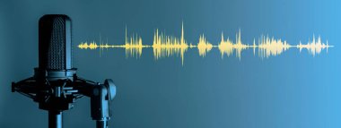 Professional microphone with yellow waveform on blue background banner, Podcast or recording studio background clipart