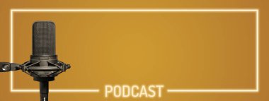 Brown podcast frame background, podcasting banner with microphone and copy space clipart