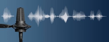 Professional studio microphone recording voice with audio waveform signal, dark blue background, recording studio, broadcasting or podcasting banner with copy space clipart