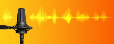 Turuncu ve sarı zemin üzerinde profesyonel stüdyo mikrofonu sinyal dalga formu ve kopyalama alanı, yayın, kayıt stüdyosu veya podcast afişi