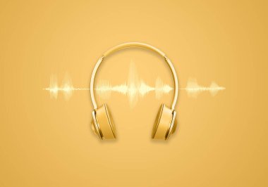 Dikey podcast, yayın ya da müzik web sitesi tasarım afişi için altın zemin üzerinde kulaklık ve dalga boyu