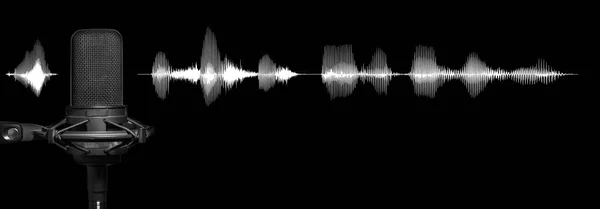 Profesjonalny Mikrofon Studyjny Białą Falą Dźwiękową Czarnym Tle Transmisja Produkcja — Zdjęcie stockowe