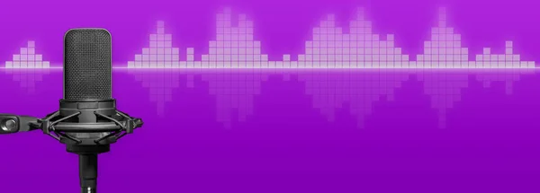 Recording studio microphone with digital audio waveform on purple background. Podcast, live, news or broadcast banner with copy space