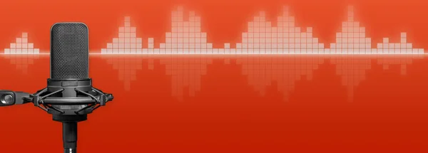 Mikrofon Studyjny Cyfrową Falą Dźwiękową Czerwonym Tle Podcast Transmisja Żywo — Zdjęcie stockowe