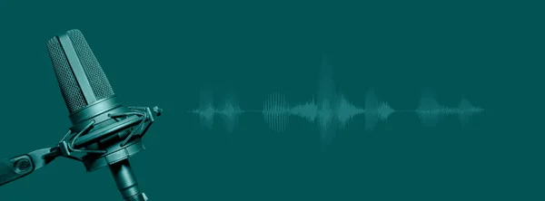 Studio Μικρόφωνο Κυματομορφή Πράσινο Φόντο Podcasting Ραδιοφωνικό Πρόγραμμα Φωνητική Εγγραφή — Φωτογραφία Αρχείου
