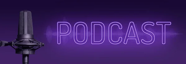 Sinal Néon Podcast Roxo Com Microfone Estúdio Forma Onda Site — Fotografia de Stock