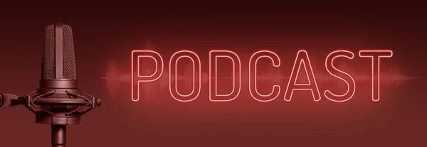 带有演播室麦克风 霓虹灯标志和发光波形的Podcast红旗 — 图库照片