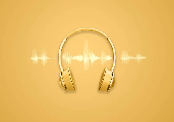 垂直ポッドキャスト 放送や音楽ウェブサイトのデザインバナーのための黄金の背景にヘッドフォンや波形 — ストック写真
