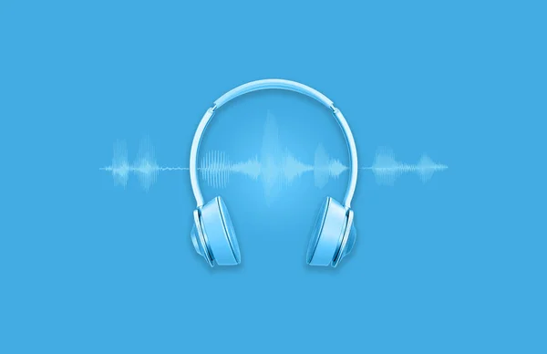 Niebieskie Słuchawki Sygnałem Fal Dźwiękowych Niebieskim Tle — Zdjęcie stockowe