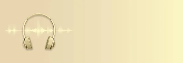 Headphones and waveform on golden background. Streaming music player or podcast banner