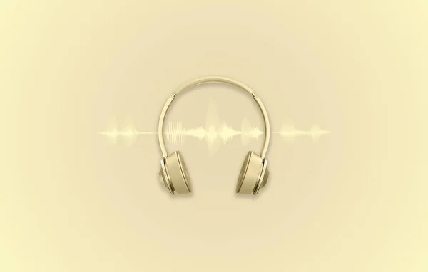 ポッドキャストや音楽の背景のためのオーディオ波形を持つ黄金のヘッドフォン — ストック写真