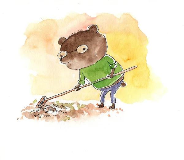 Little bear picking up leaves — Stock Photo, Image