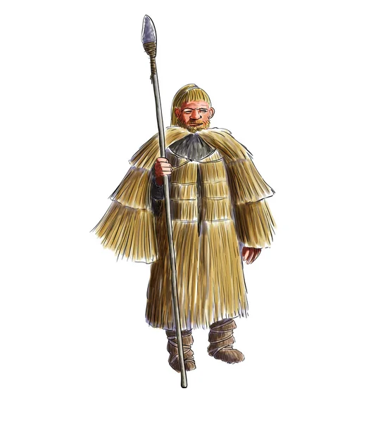 Hombre prehistórico con un impermeable de paja — Foto de Stock