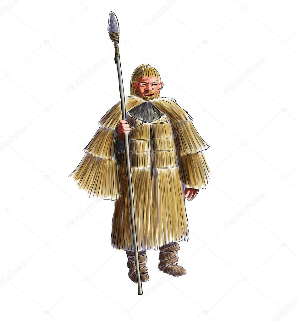 Prehistoric man with a straw rain coat