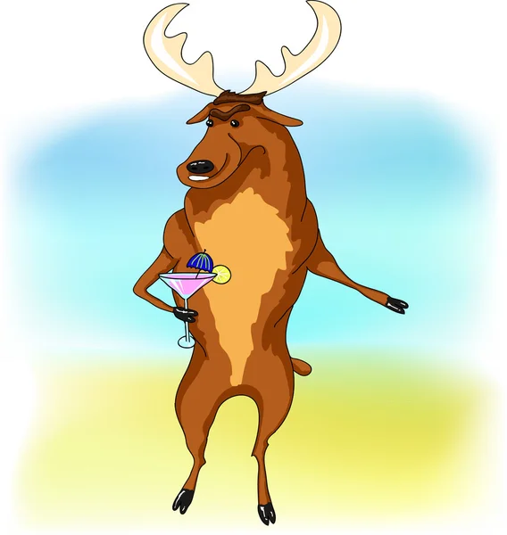 Sahilde pembe kokteyl ile gülümseyen geyik