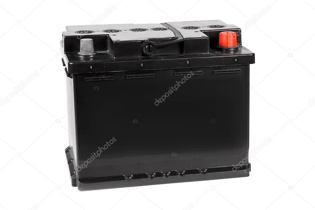 Car battery isolated on white background. Front view