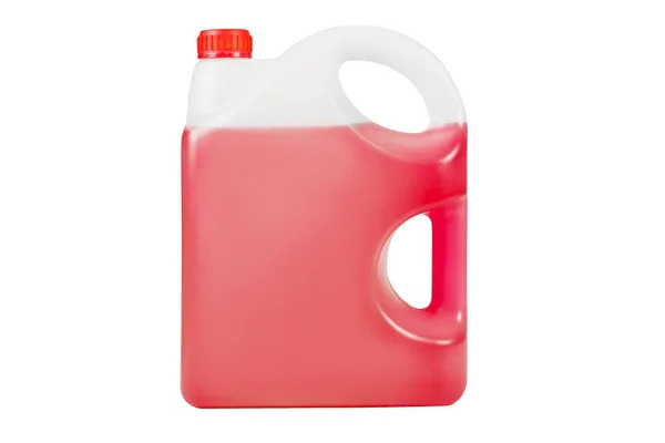 5リットルのボトルに赤の凍結防止洗浄液 ラベルの場所があります 正面図 — ストック写真