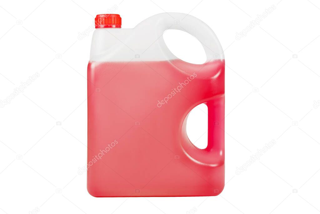 Red antifreeze in a 5-liter bottle Non-freezing cleaning liquid. There are places for a label. Frontal view