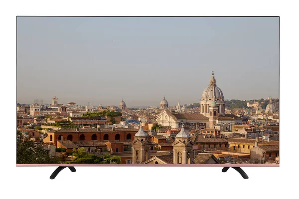 A modern TV with a resolution of 8K which shows Rome skyline sunrise. TV set isolated on white backgroun