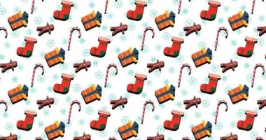 Yeni yıl tasarım unsurları ile 4k Yeni Yıl Hareketi arka planı. Yeni yıl 2021. Sevimli Noel sembollü animasyon. Şeker, hediye, şeker adam ve çorap. Kusursuz video. 