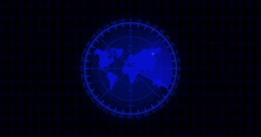 Dünya haritalı yüksek teknoloji UI hud radarı. Gelecekçi HUD navigasyon monitörü. Sonar ekranı. Fütürist gövde elementi. 4k, HD.