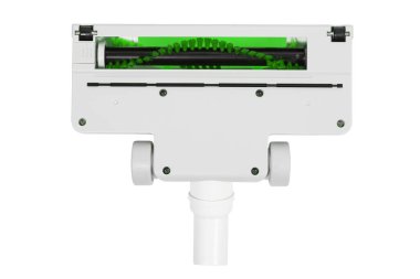 Beyaz arkaplanda dönen fırçayla modern dikey süpürgenin yakın çekim bileşeni