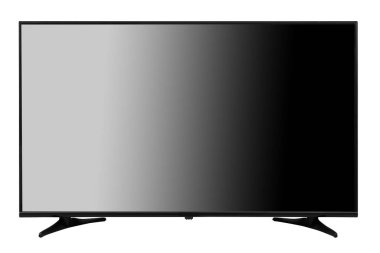 Beyaz arka planda izole edilmiş siyah, modern televizyon. Ön görünüm.