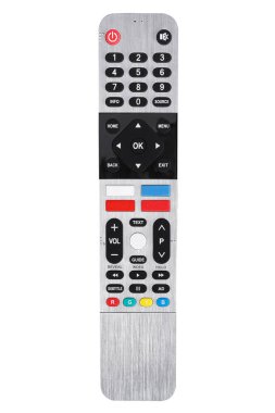 Beyaz arka planda izole edilmiş modern gri bir televizyonun uzaktan kumandası. TV uzaktan kumandası