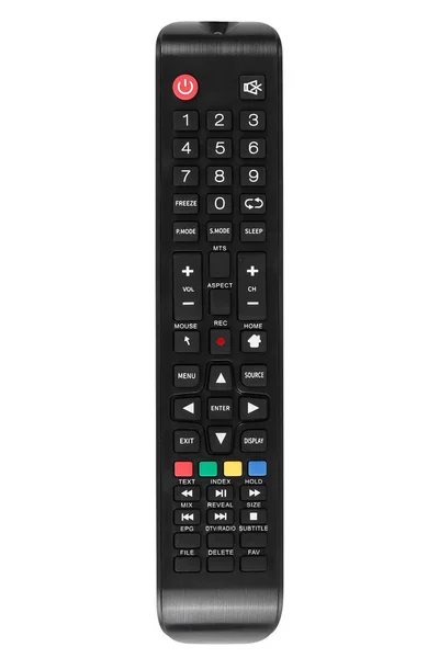 现代电视机上的黑色遥控器 有许多按钮与白色背景隔离 — 图库照片