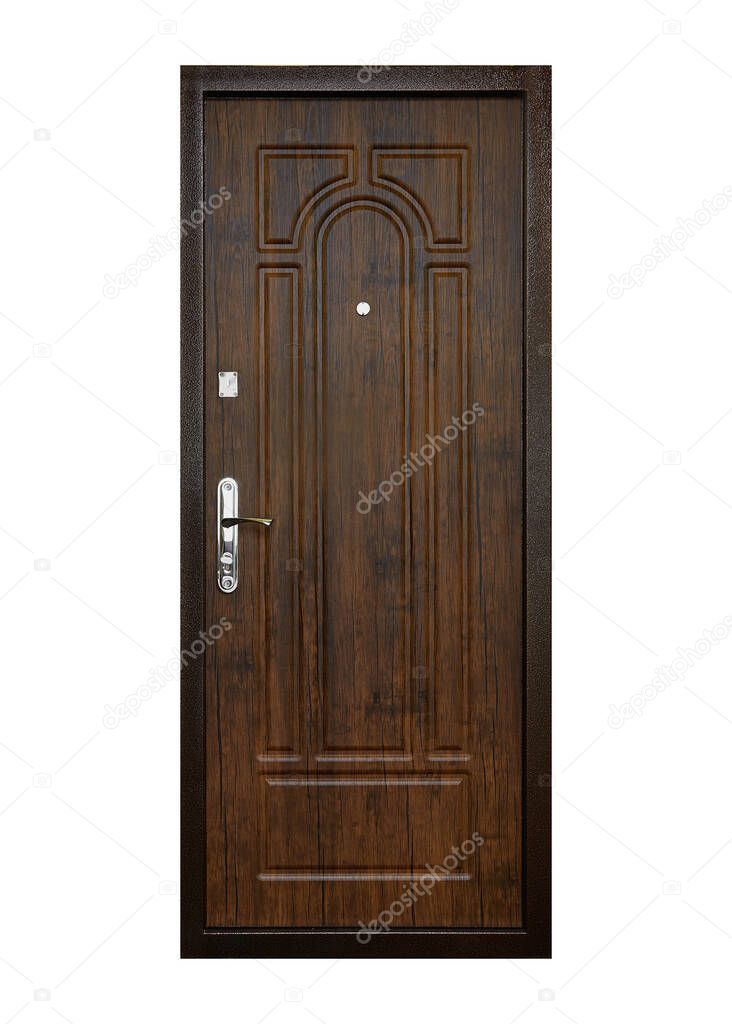 Solid brown wooden front door with metal handle isolated on white background