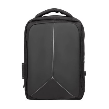 Laptop için siyah sırt çantası beyaz arka planda izole edildi. Siyah modern sırt çantasının ön görünümü.